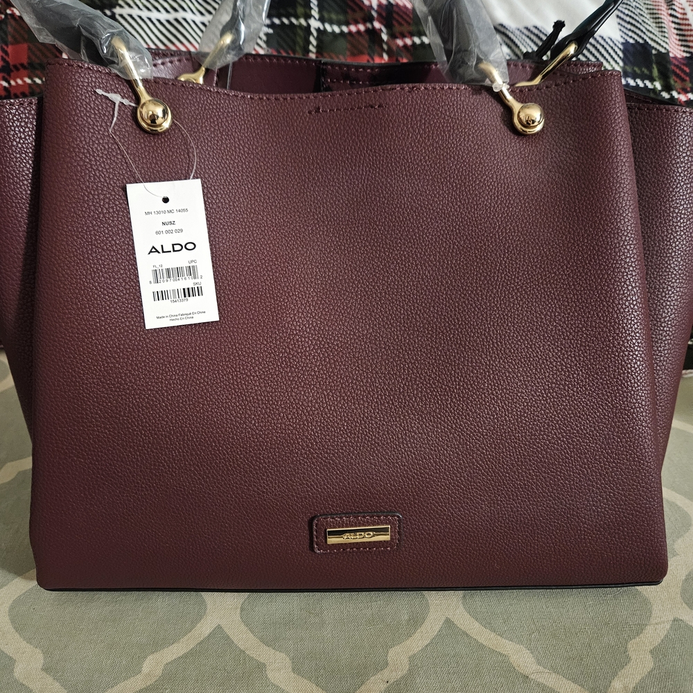 Aldo Maroon Leather Tote Bag with Gold Accents